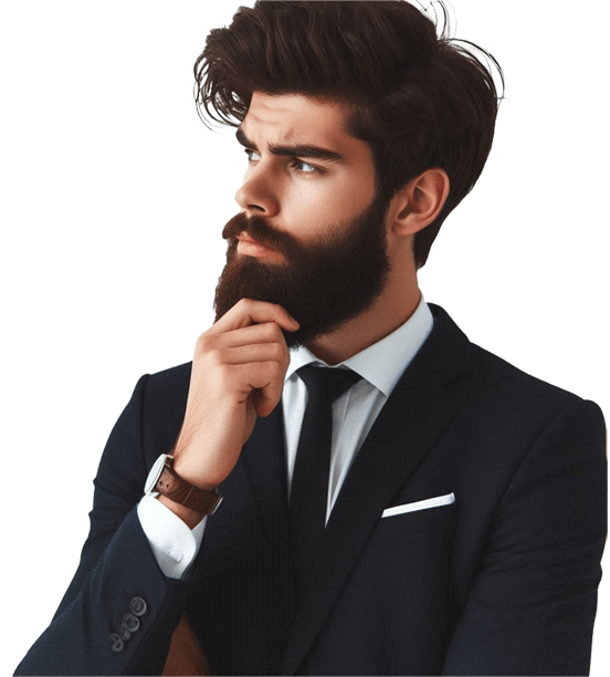 A thinking bearded man in a formal suit and white background2