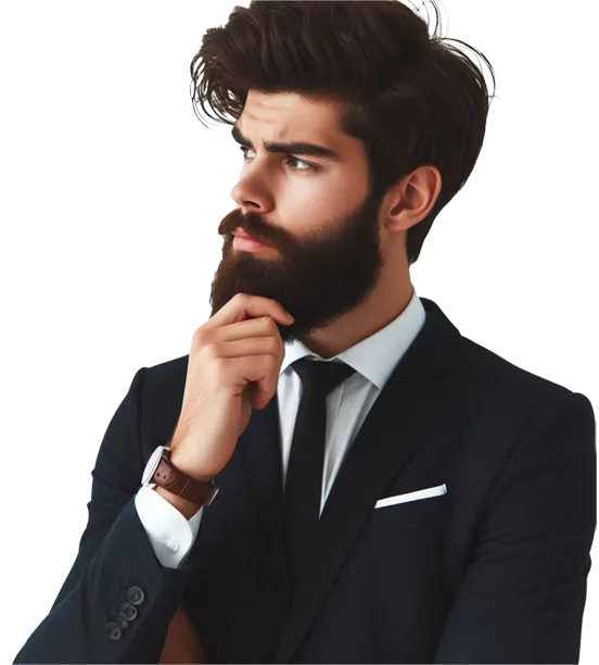 A thinking bearded man in a formal suit and white background2